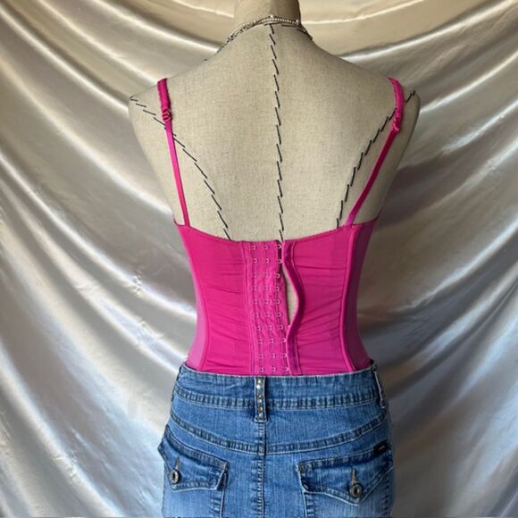 Rene Rofe Corset Bustier Top Hot Pink Faux Lace Up Purple Lace Trim - Picture 6 of 6